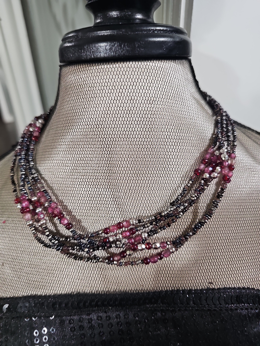 Multi-Strand Pink and Black Beaded Necklace - Women Jewelry